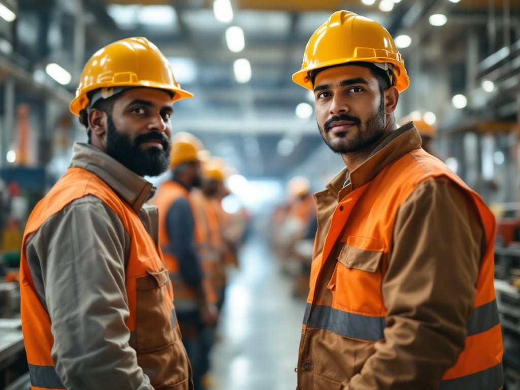 Blue-collar workers in hard hats and safety gear at an Indian worksite, protected under workmen's compensation cover