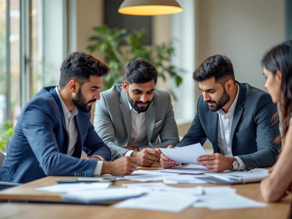 An Indian business team comparing and negotiating competing insurance quotes across documents in a bright meeting room