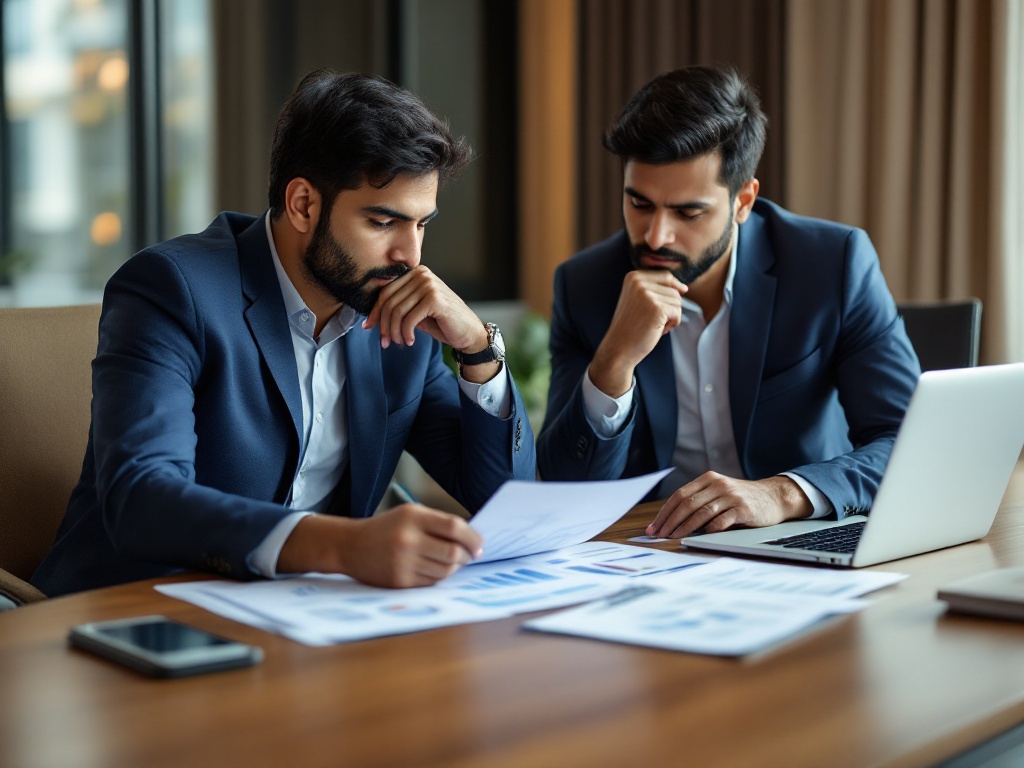 An Indian finance leader and HR manager reviewing insurance renewal figures and charts at a boardroom table