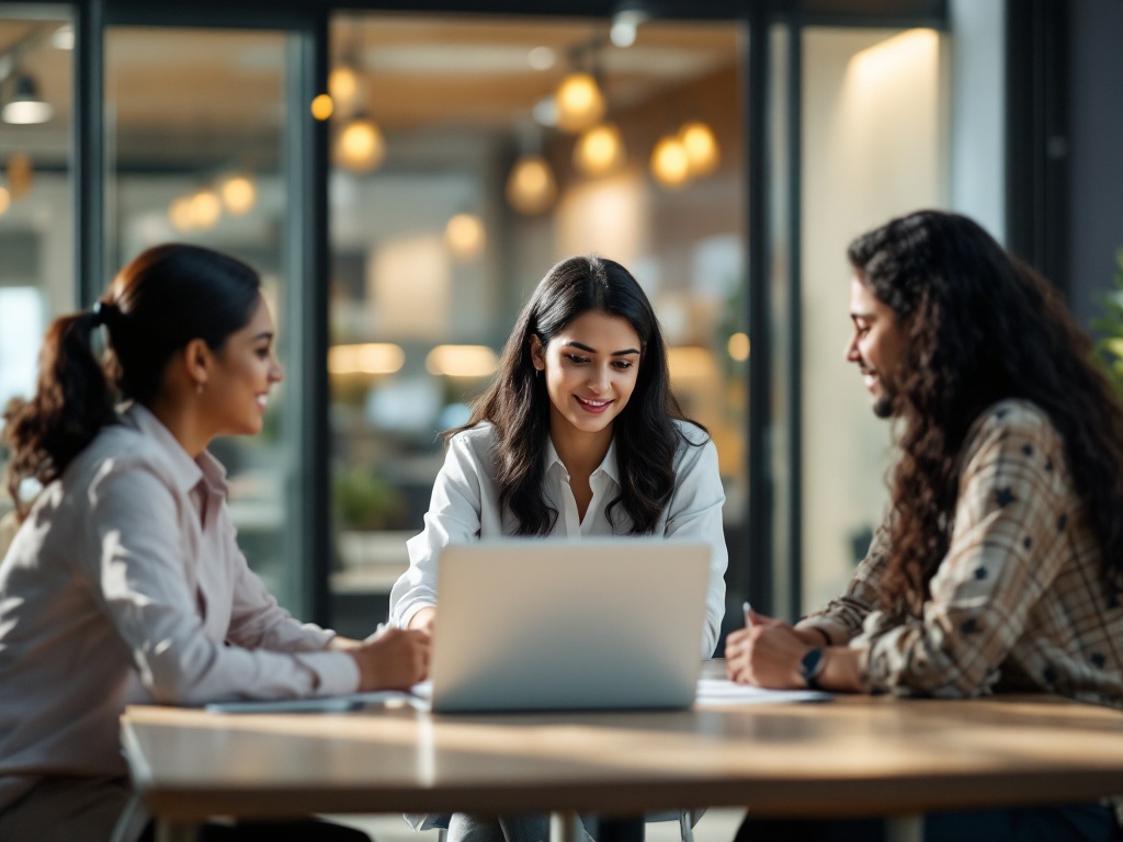 An Indian HR manager reviewing employee benefits with two colleagues over a laptop in a modern office