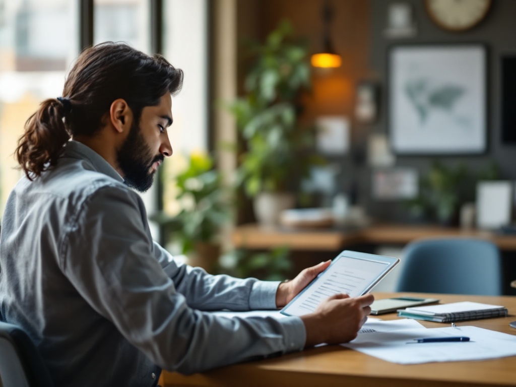 An Indian HR manager assembling a group health insurance plan and reviewing add-on options on a tablet in a warm modern office