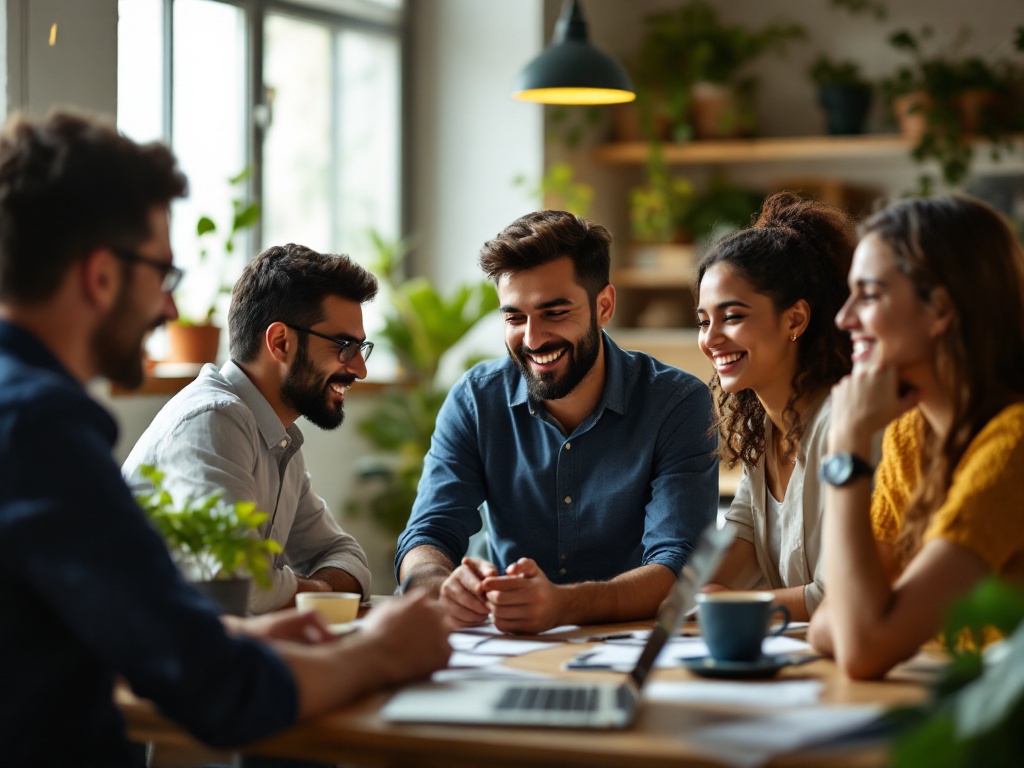 A happy, engaged team of young Indian professionals collaborating productively in a bright modern office