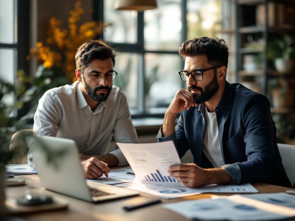 An Indian CFO and founder reviewing employee benefits spend and ROI figures together on a laptop in a warm modern office