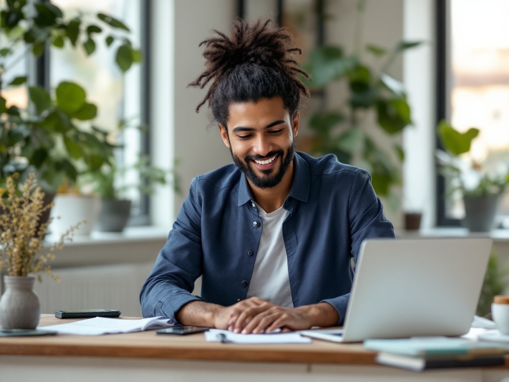 An Indian small-business people manager calmly running employee-benefits admin on a laptop in a modern office