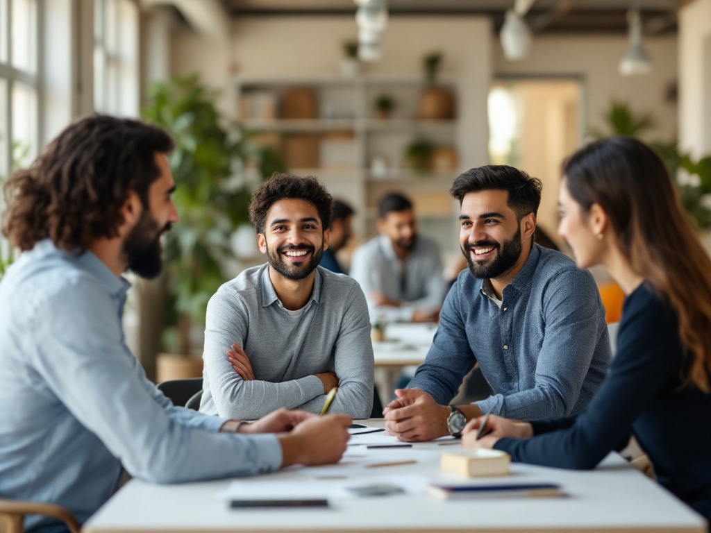 A small, growing Indian SME team in a bright open-plan office, with a founder and HR lead talking together