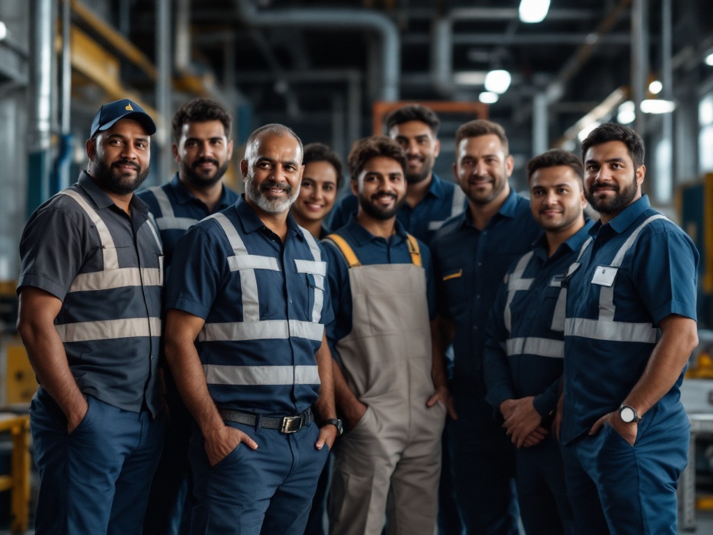A diverse group of Indian deployed contract workers in uniform at a client site — facility, field and industrial staff