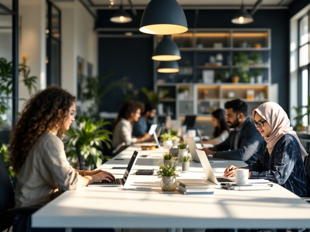 Diverse recruiters at desks working on laptops in an Indian staffing and recruitment agency office