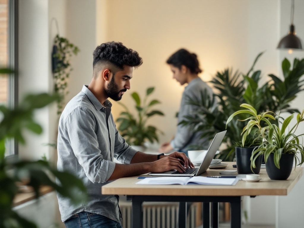 A young Indian startup founder reviewing employee health benefit options on a laptop at a standing desk
