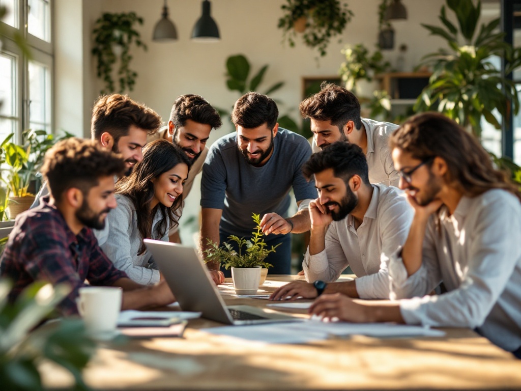 A young Indian startup team collaborating around a laptop in a sunlit co-working space