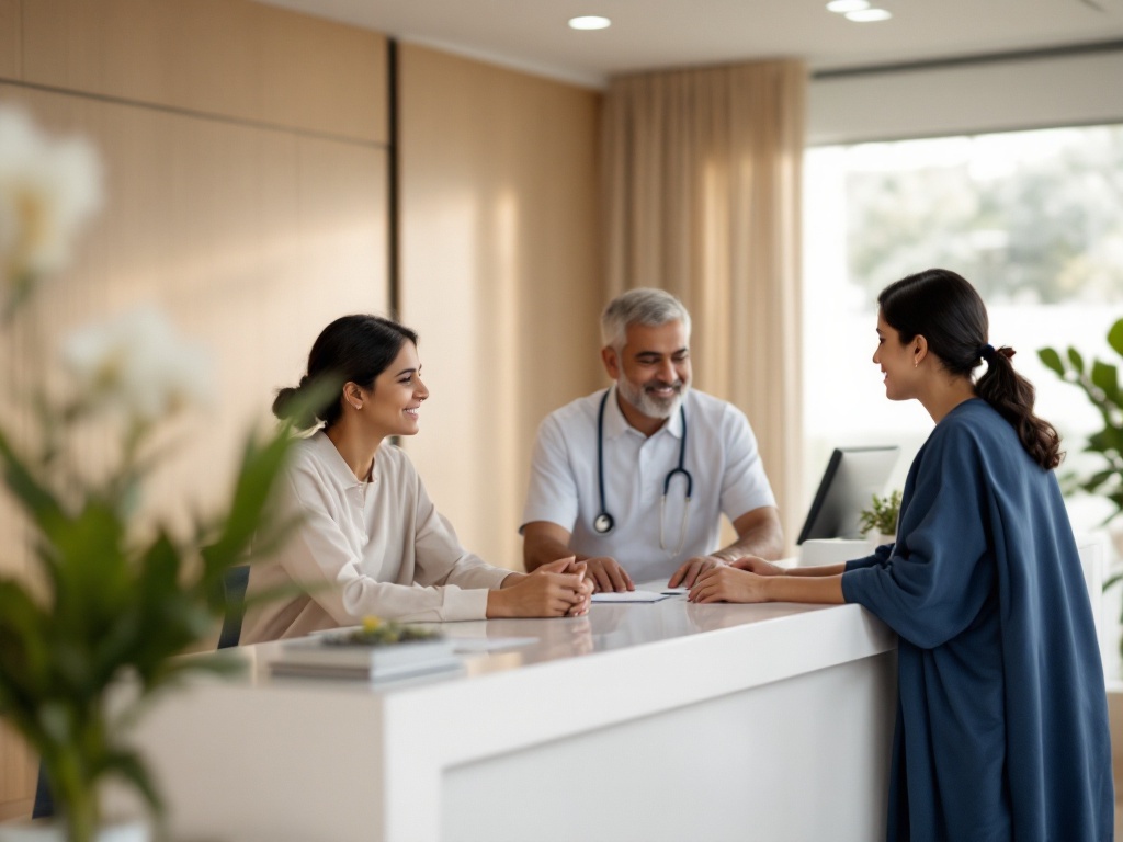 A calm, reassuring Indian hospital reception where a family member is supported at the cashless insurance desk