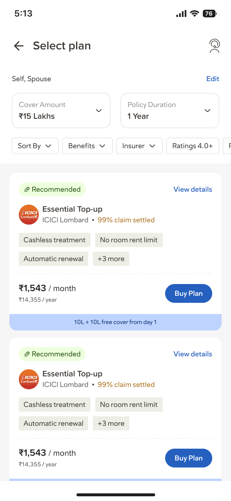Onsurity Super App — browse and choose a plan