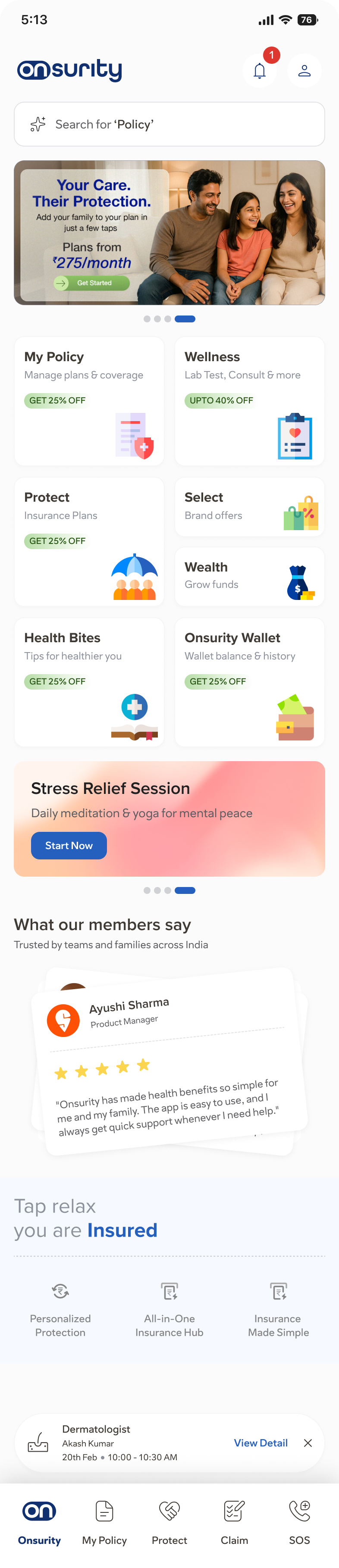 Onsurity Super App home screen — health cover, doctor consults, lab tests and wallet, all one tap away