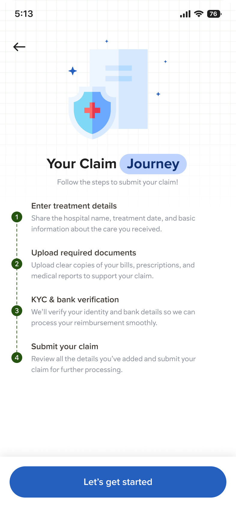 Cashless claim journey screen in the Onsurity Super App showing live claim status stages