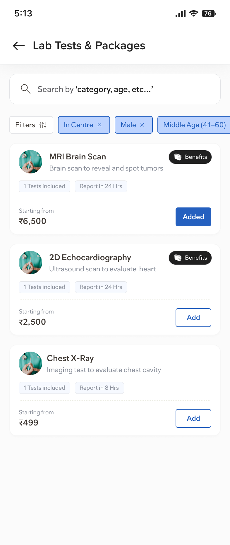 The Onsurity app lab-test booking screen