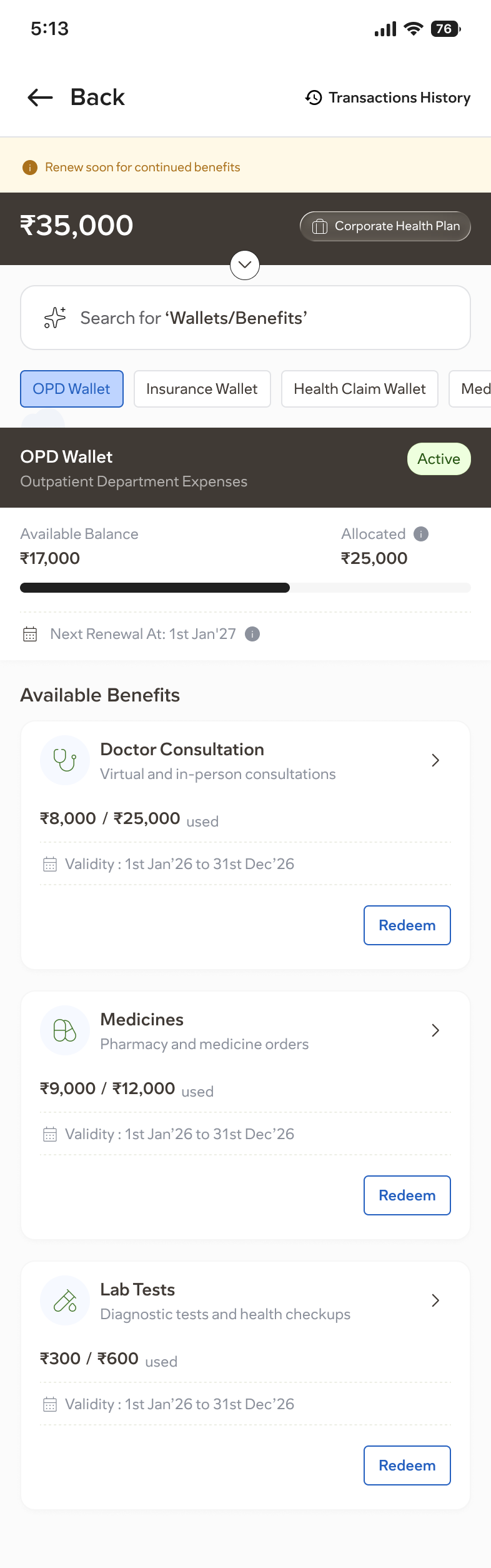 Onsurity Super App wallet screen showing everyday healthcare savings and member deals