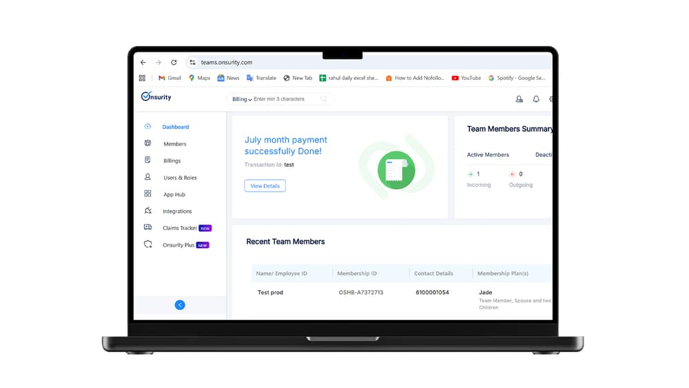 Onsurity Teamsure admin dashboard showing members and billing