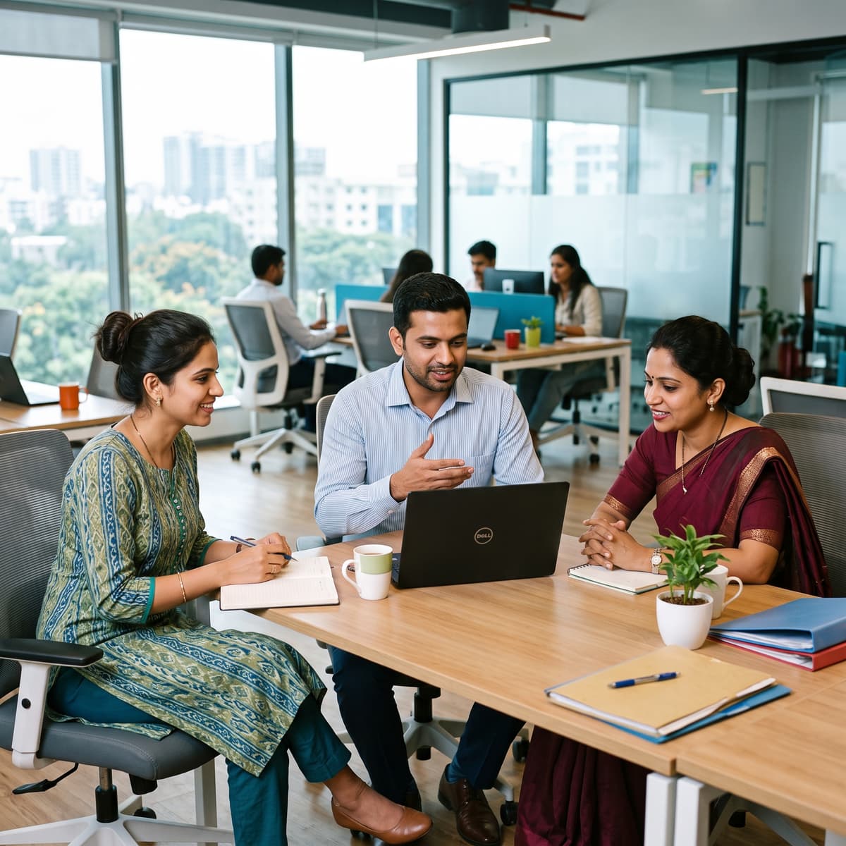 Portronics team collaborating around a laptop in a modern office