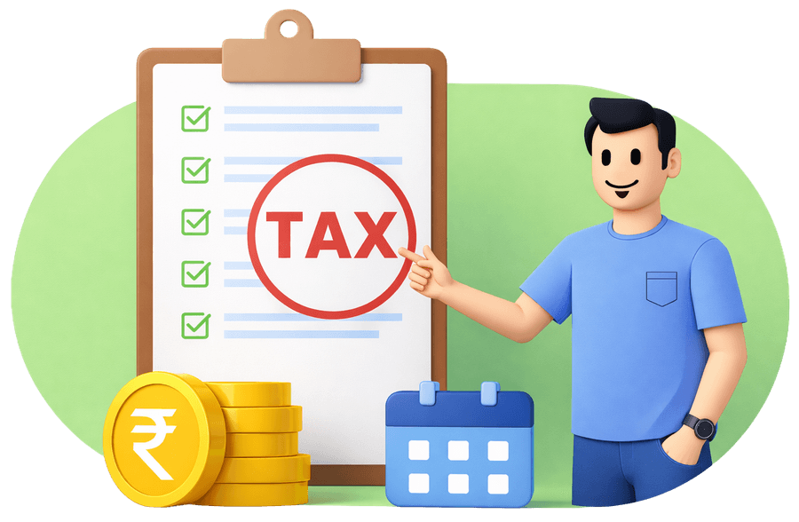 A 3D illustration of income-tax season: coins, a calculator and salary documents representing TDS deducted from monthly pay