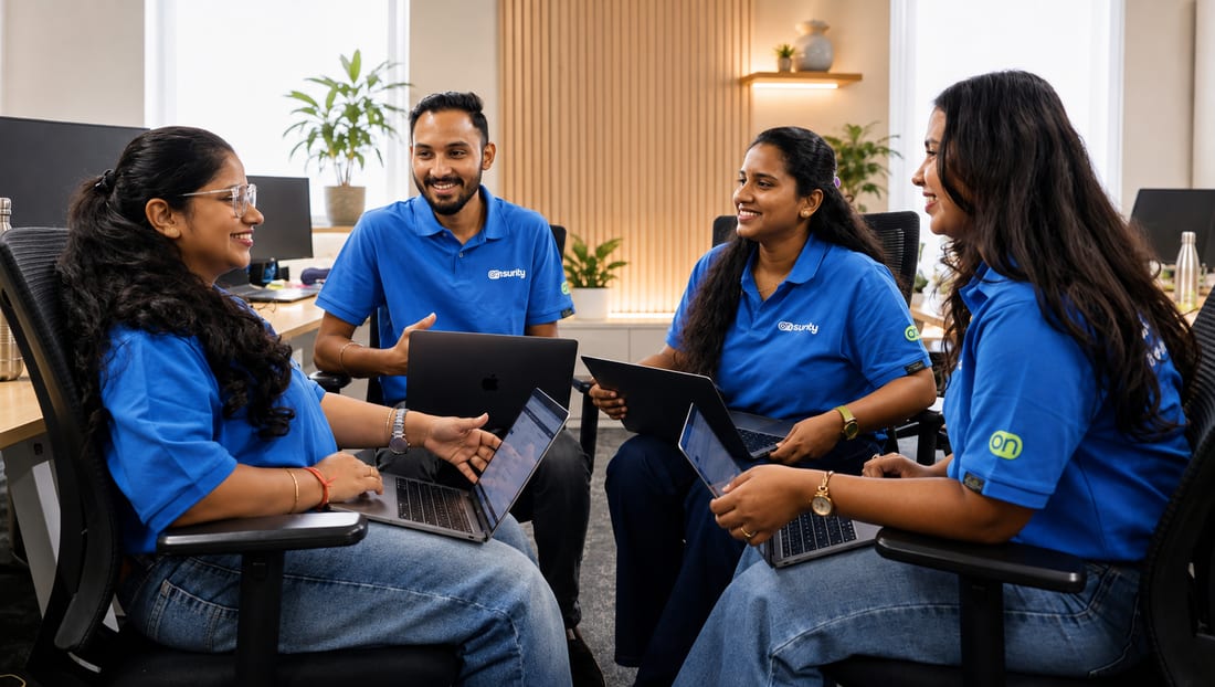 Four Onsurity teammates collaborating over laptops in the office