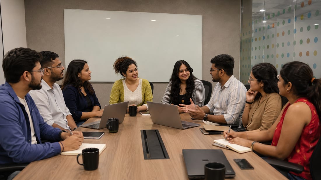 Onsurity teammates in a working meeting around a conference table with laptops