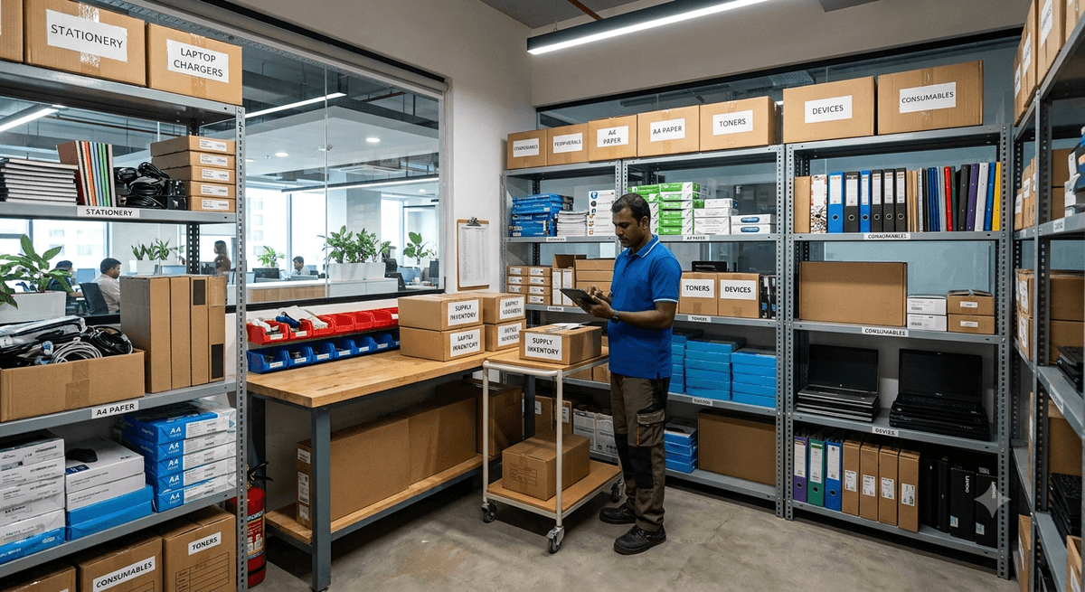 Indian small business owner amid stocked inventory in their warehouse, protected by business asset insurance