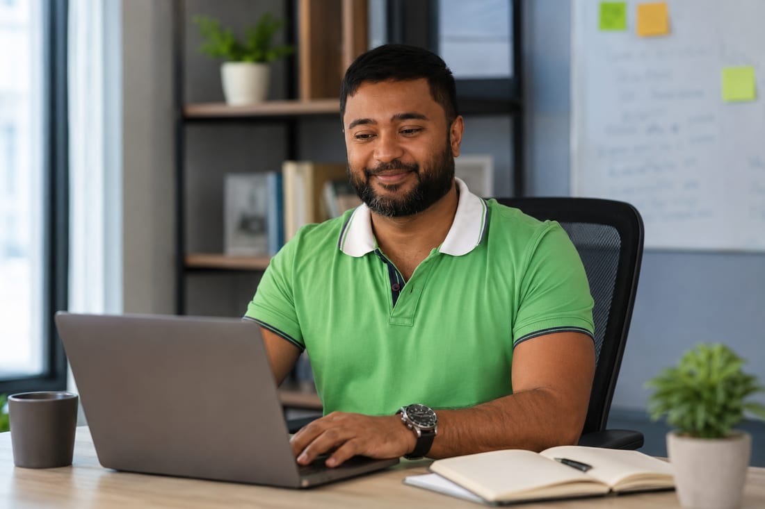 An Onsurity teammate focused on their work at a sunlit desk