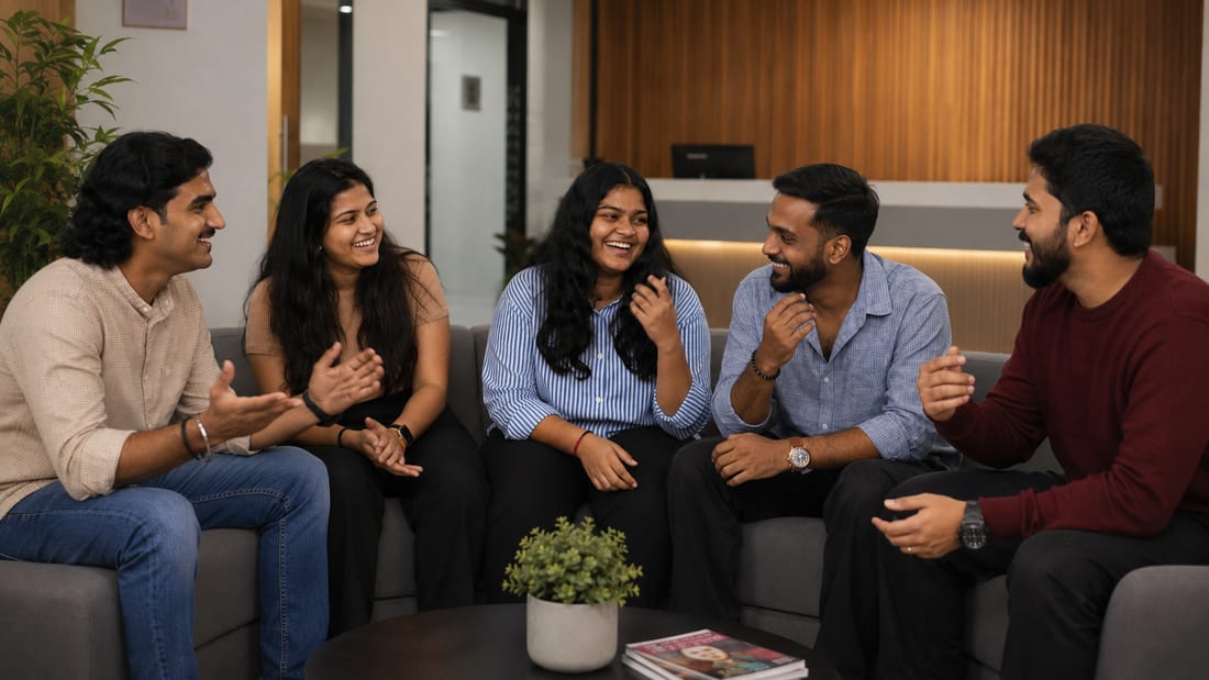 Onsurity teammates laughing together on the office lounge sofa