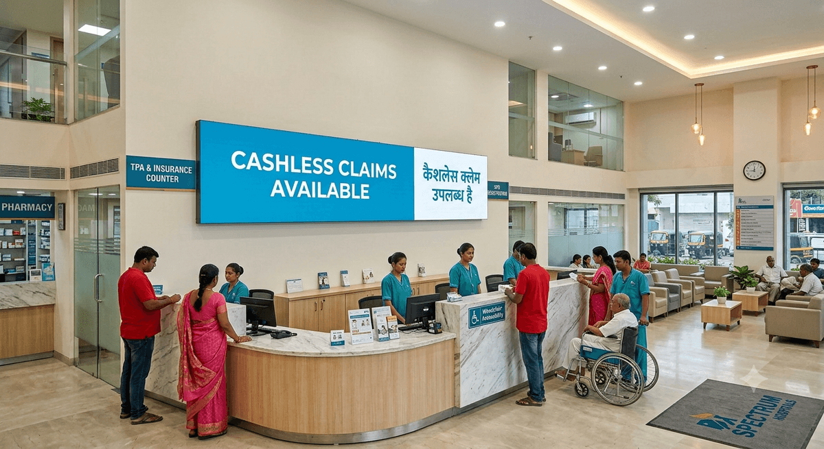Patient being received at a cashless network hospital's insurance help desk