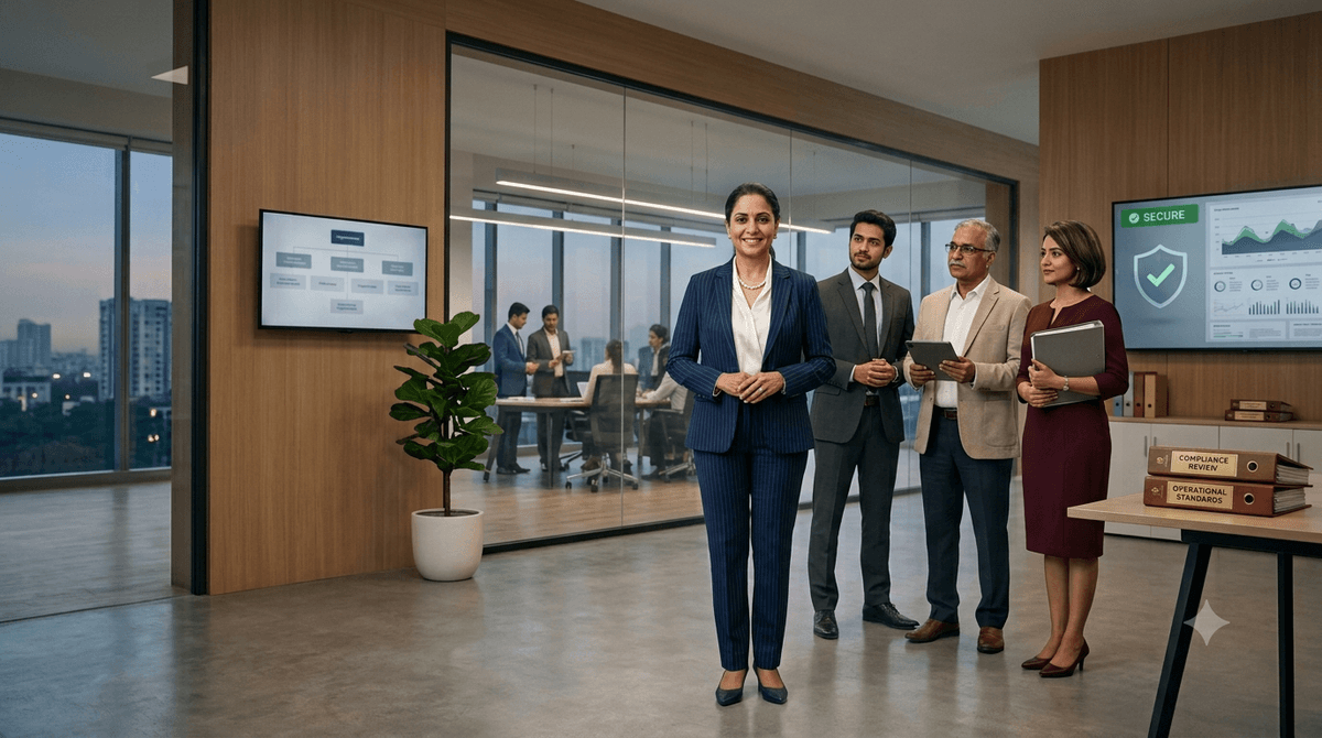 Shop owner welcoming a customer inside a modern Indian retail premises protected by commercial general liability insurance
