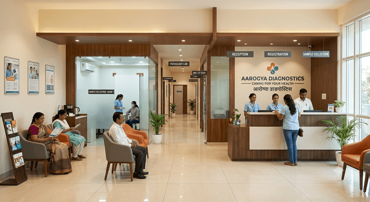 An employee arriving for a preventive health check-up at a modern diagnostic clinic