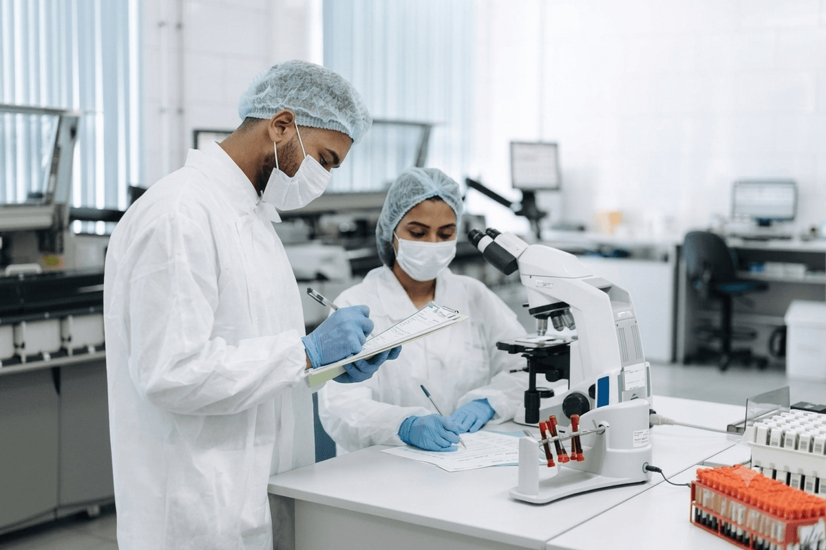 Lab technicians processing preventive health check-up samples at a diagnostic clinic