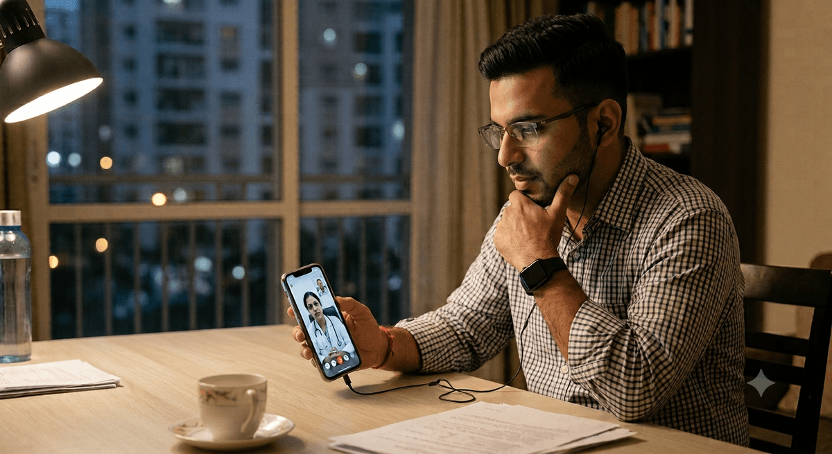 An employee having a video teleconsultation with a doctor on a smartphone from the office