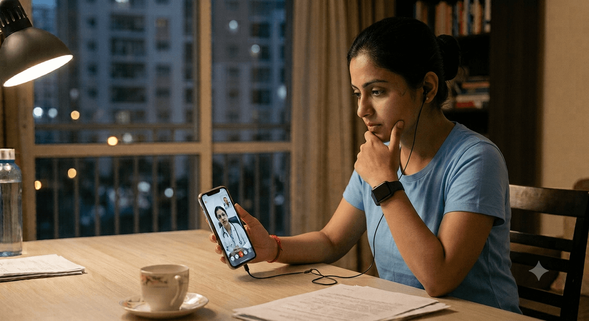An employee speaking with a doctor in an online teleconsultation from home