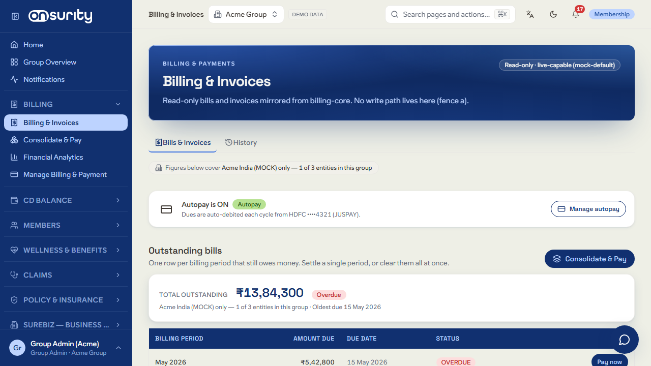 TeamSure billing view with invoices, dues and financial analytics