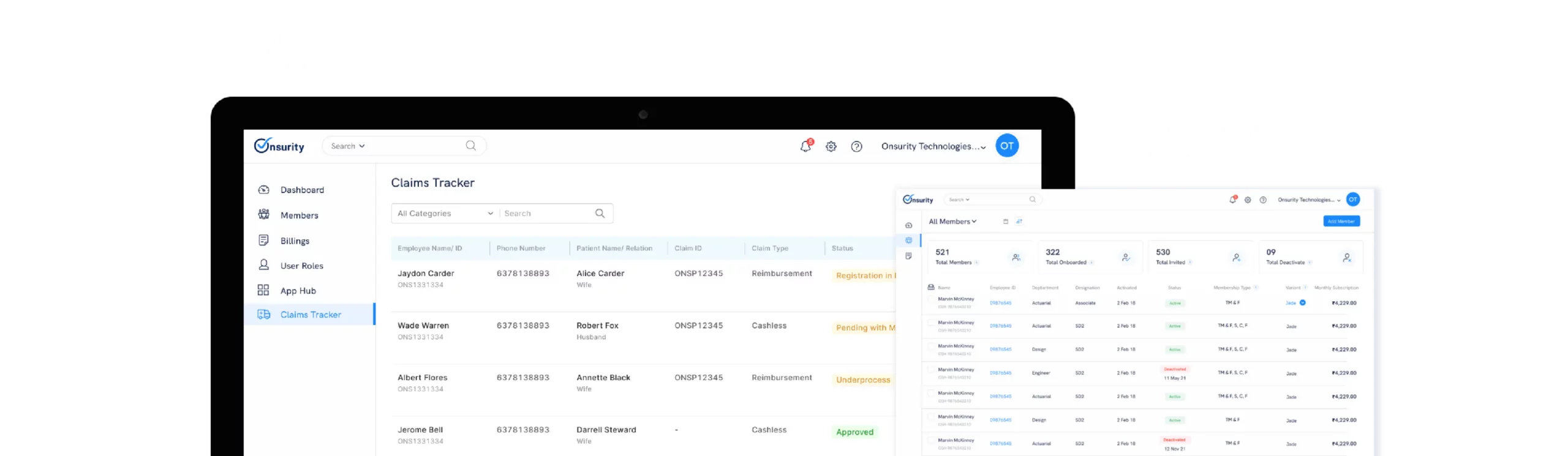 Onsurity Teamsure dashboard showing the claims tracker